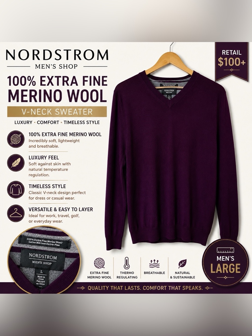 Nordstrom Men’s Shop 100% Extra Fine Merino Wool V-Neck Sweater Large